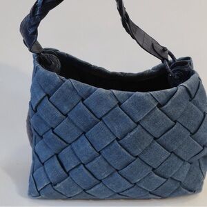 Nancy Gonzalez Denim Blue Woven Handbag with Caiman Crocodile Accents Handbag